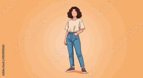 Illustration of a young woman in casual fashion style standing confidently with one hand on her hip against a vibrant orange background with a circular gradient effect.