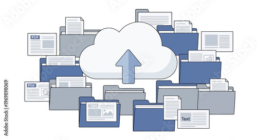 Illustration of a cloud storage concept with a central cloud icon and various folders and files uploading to it in shades of blue, grey, and white.