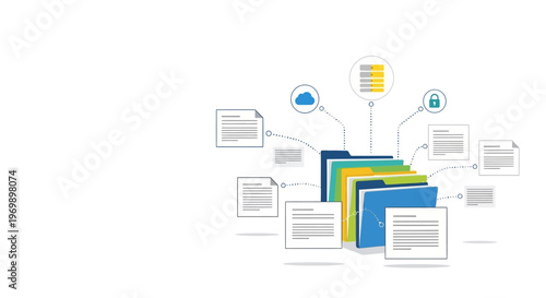 A colorful illustration of a business folder with documents and icons connected to it, symbolizing organization and data management in a professional setting with a modern and secure mood.