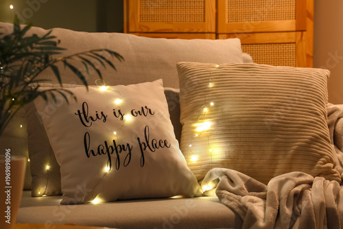 Sofa with cushions and glow...