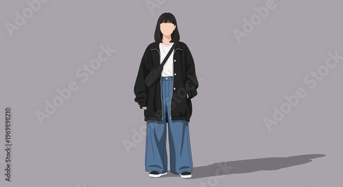 A young woman in a stylish outfit, wearing a black jacket and blue jeans, standing against a plain gray background with a subtle shadow, showcasing a modern fashion style.