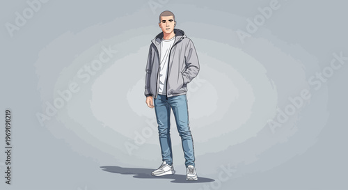 Full-body illustration of a young man in casual fashion style standing confidently with one hand in pocket against a light gray background with subtle circular gradient.