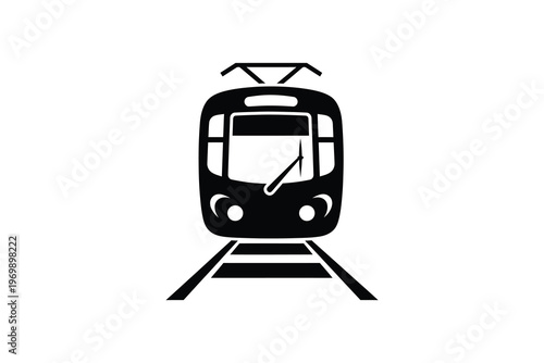Minimalist black and white illustration of a modern train on tracks, symbolizing efficient transportation and travel, with a sleek design and dynamic motion.