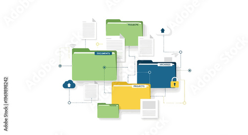 A colorful graphic illustration of business folders and documents with lock icons, showcasing organization and security in a modern, abstract composition.