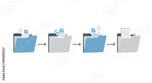 A graphic illustration of a blue folder transferring files to another folder in a simple, professional business setting with a clean white background.