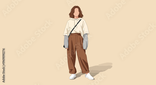 Full-body illustration of a young woman in a stylish outfit, showcasing fashion style and people, standing confidently with a neutral expression against a plain beige background.