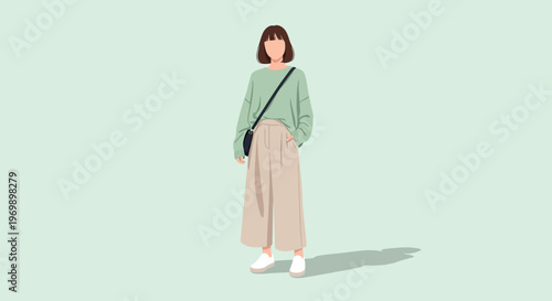 Full-body illustration of a young woman in a casual fashion style with a mint green sweater and beige pants standing against a soft mint background with a relaxed pose.