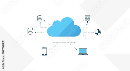Flat lay of a business folder and cloud computing concept with a laptop, smartphone, and server icons connected to a central blue cloud storage symbol on a clean white background.