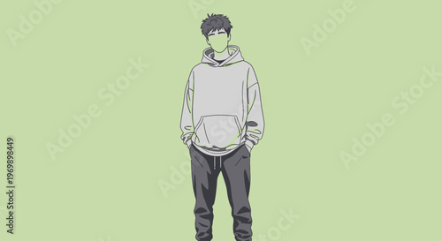 A young man in casual fashion style stands confidently with hands in pockets against a pale green background, exuding a relaxed people vibe.