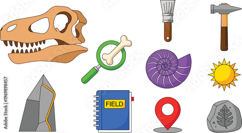 Paleontology and Archaeology Icons Set Featuring Fossils, Excavation Tools, and Fieldwork Symbols