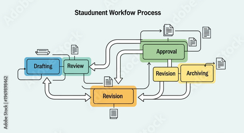 A detailed infographic illustrating a business workflow process with drafting, review, revision, approval, and archiving stages in a colorful, flowchart-style diagram against a light