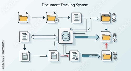 A graphic illustration of a document tracking system with folders and files connected to a central database on a light blue background.