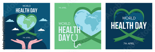 World Health Day Banner Collestion, Card set. Caring Hands with Heart Ribbon, Global Healthcare, Medical Support and Awareness Concept. Social media post template. 