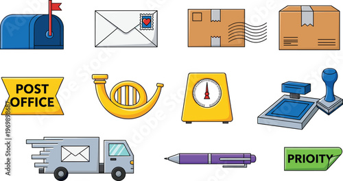 Postal and Shipping Icons Set Featuring Mail, Packages, and Delivery Tools