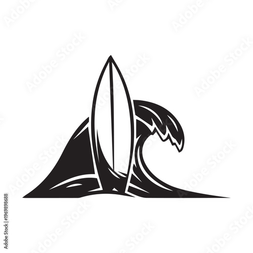 Minimalist black and white illustration of a single surfboard resting beside a curling wave.
