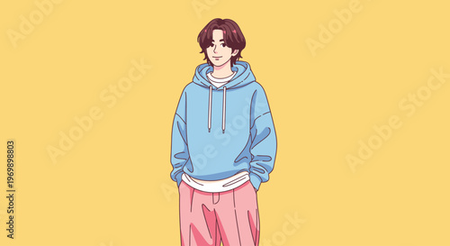 Illustration of a young man wearing a blue hoodie and pink pants standing against a vibrant yellow background with a casual fashion style.
