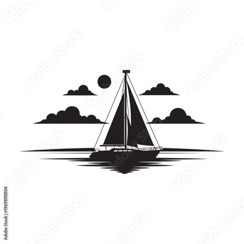 A striking black silhouette of a sailboat gliding across calm waters under a setting sun silhouette
