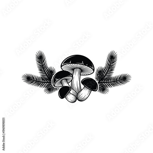 A black and white drawing of mushrooms and pine needles isolated on white background, Vector, illustration
