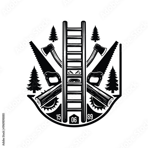 Logo featuring a ladder and logging tools isolated on white background, Vector, illustration