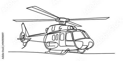 A detailed black and white line drawing of a modern helicopter for kids to color and enjoy art. Vector, illustration