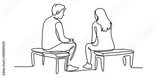 A minimal continuous line drawing of a man and a woman sitting on separate benches facing each other Vector, illustration
