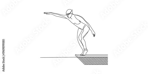 A black and white continuous line drawing of a swimmer preparing to dive from a starting block Vector, illustration