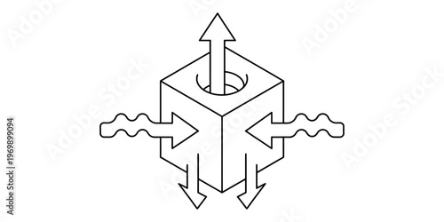 A schematic line drawing of a cubic object featuring various directional arrows indicating flow Vector, illustration