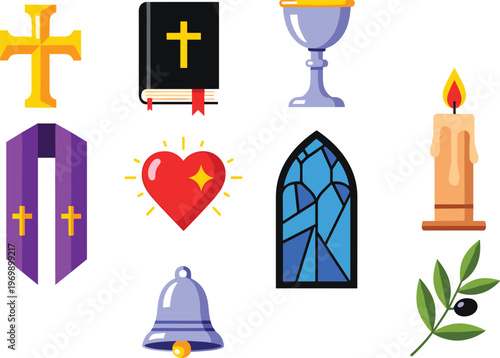 Religious and Spiritual Icons Set Featuring Sacred Symbols and Ritual Items