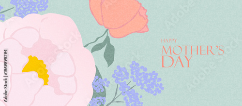 Happy Mother's Day Elegant Floral Greeting Card with flowers frame in soft pastel shades: large pink peony, cheerful peach rose and purple wildflowers. Spring summer floral pattern.