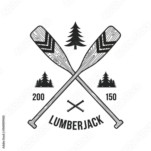 Lumberjack logo with crossed oars and pine trees isolated on white background, Vector, illustration