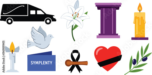 Sympathy and Memorial Icons Set Featuring Remembrance and Funeral Symbols