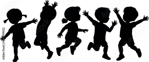 Silhouettes of Happy Children Jumping