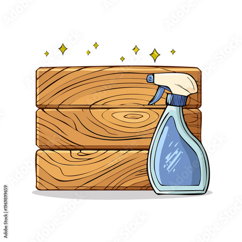 Cleaning spray bottle and wooden planks with sparkling effect for cleaning concept