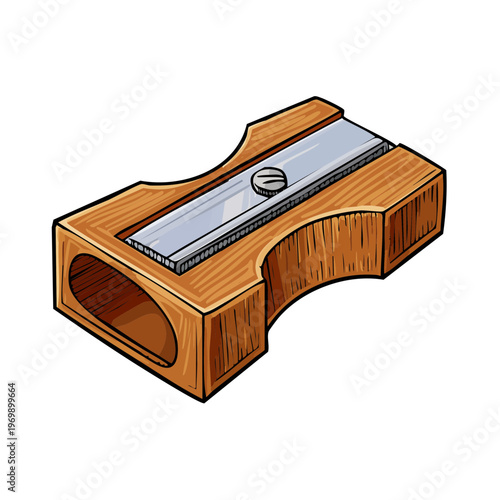Hand-drawn illustration of a classic wooden pencil sharpener with a metal blade
