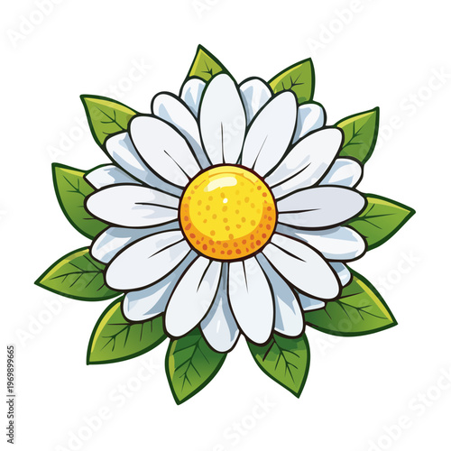 Stylized Daisy Flower Illustration with Green Leaves and Yellow Center