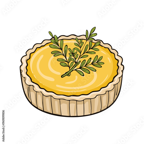 Hand-drawn illustration of a golden quiche tart topped with fresh green herbs