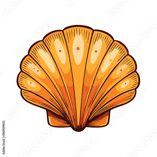 Golden scallop seashell illustration with warm highlights and detailed ridges