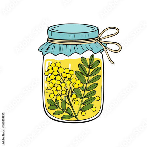 Hand-drawn jar filled with yellow acacia flowers and green leaves tied with a bow