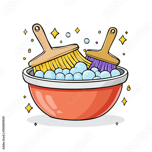 Two Brushes Soaking in a Sudsy Bowl Sparkles and Bubbles