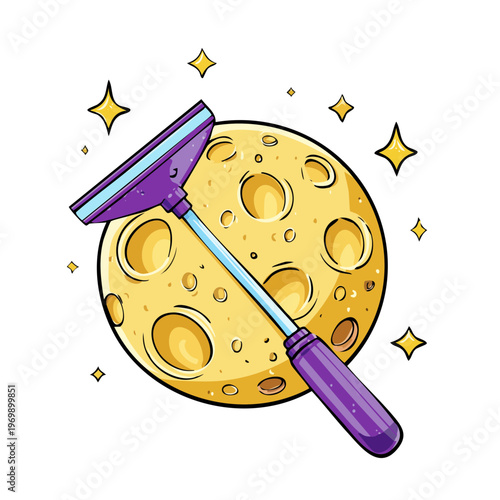 Cartoon window squeegee cleaning a stylized yellow moon with shiny stars around it