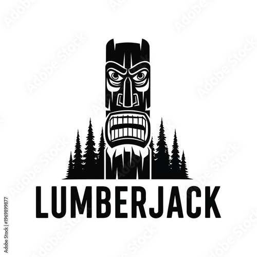 A black and white image of a totem pole with the word lumberjack isolated on white background, Vector, illustration
