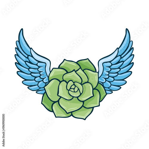Stylized Green Succulent Plant with Blue Angel Wings Illustration