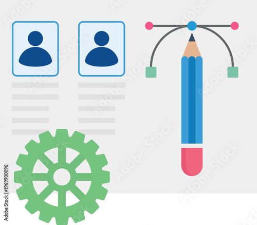 A blue pencil and a green gear next to a person, representing the fusion of creativity and technology.