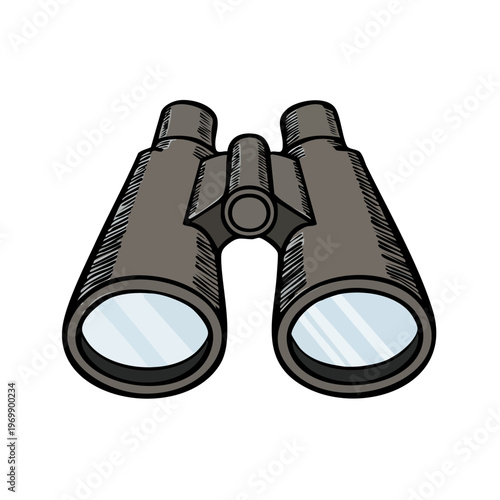 Stylized illustration of dark grey binoculars with reflective lenses and a bold outline