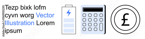 Finance, energy usage, budgeting, accounting, currency exchange, value calculation. Battery with lightning bolt, calculator and pound sign. Finance and energy usage