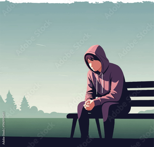 Lonely Man Sitting on Bench Alone.