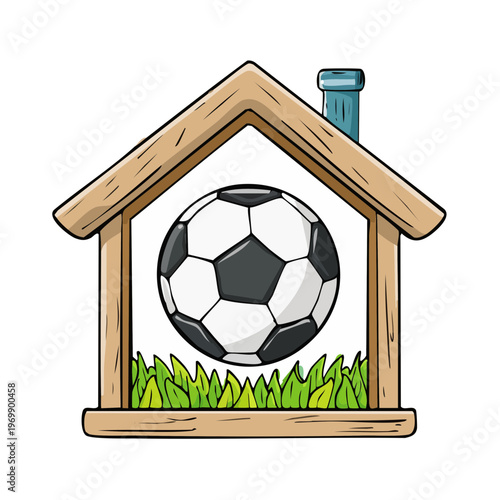 Cartoon soccer ball inside a wooden house symbol with green grass below