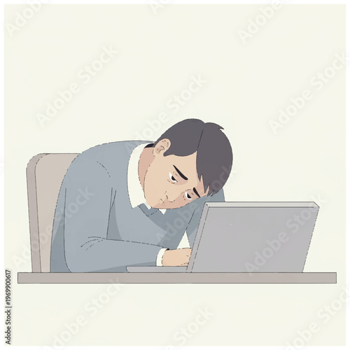 Man Sleeping on Laptop Desk Illustration.