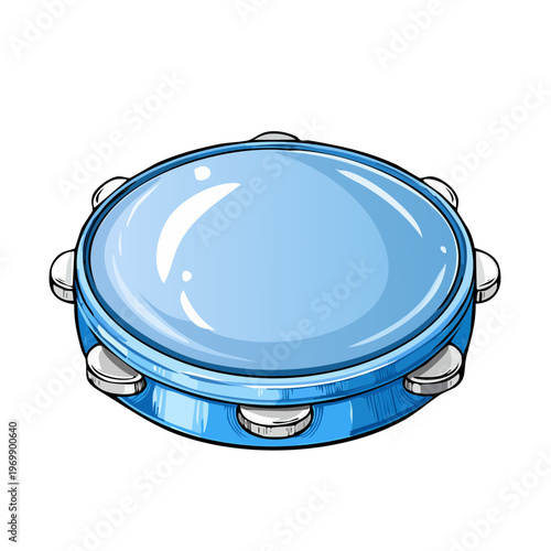 Percussion musical instrument a blue tambourine with metal jingles isolated on white