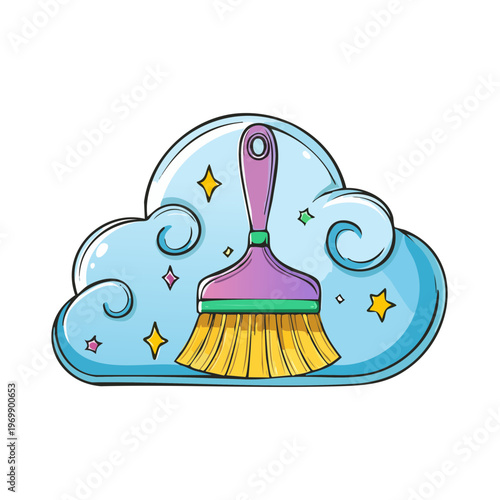 Cartoon cleaning brush wiping sparkling stars inside a fluffy blue cloud